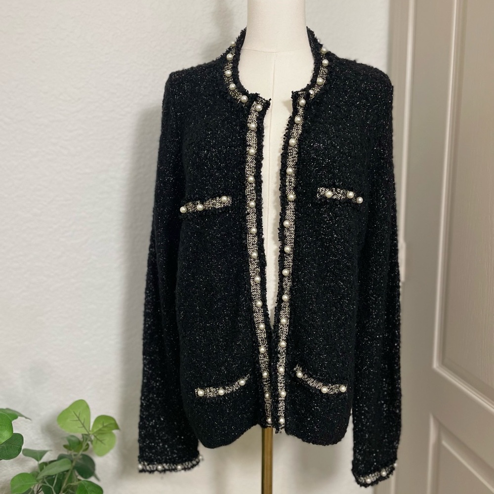 White House Black Market Tweed Pearl Trim Jacket – Black Metallic